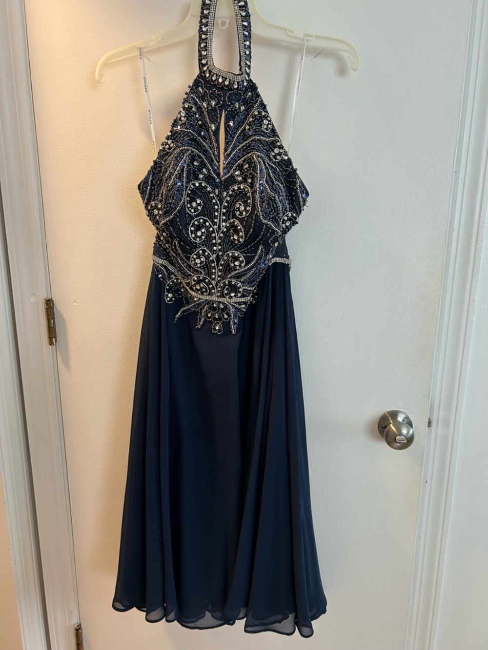 Jovani Navy Halter Beaded Prom Dress